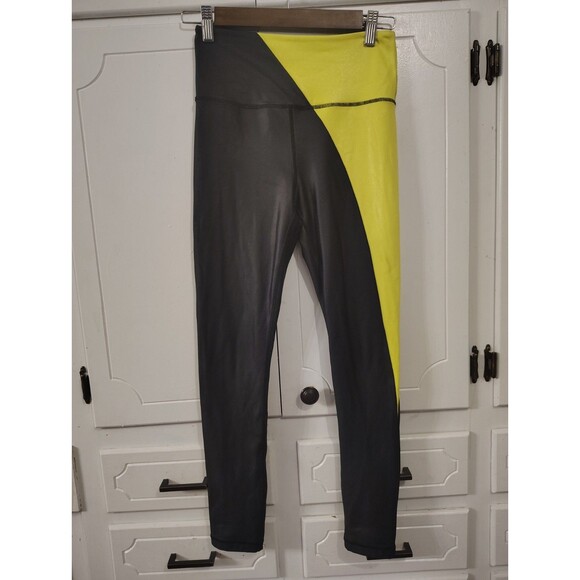 Zyia neon Metallic Black Yellow leggings hi Rise Size 4 Full Length - Picture 1 of 7